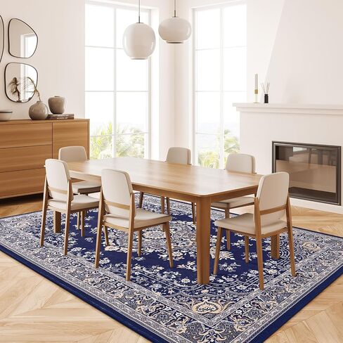 HOMORE 5x7 Area Rugs, Blue Washable Rugs for Living Room, Non Slip Vintage Rug Faux Wool Floral Rug for Bedroom Dining Room, Soft Thin Carpet Rug for Farmhouse Kids Room Dorm Decor in Saudi Arabia