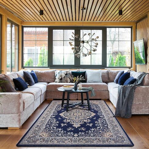 HOMORE 5x7 Area Rugs, Blue Washable Rugs for Living Room, Non Slip Vintage Rug Faux Wool Floral Rug for Bedroom Dining Room, Soft Thin Carpet Rug for Farmhouse Kids Room Dorm Decor in Saudi Arabia