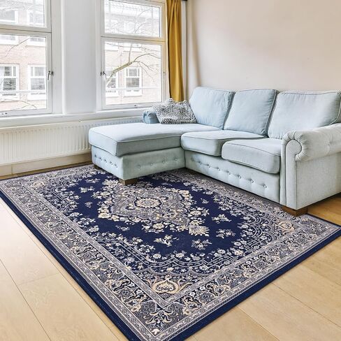 HOMORE 5x7 Area Rugs, Blue Washable Rugs for Living Room, Non Slip Vintage Rug Faux Wool Floral Rug for Bedroom Dining Room, Soft Thin Carpet Rug for Farmhouse Kids Room Dorm Decor in Saudi Arabia