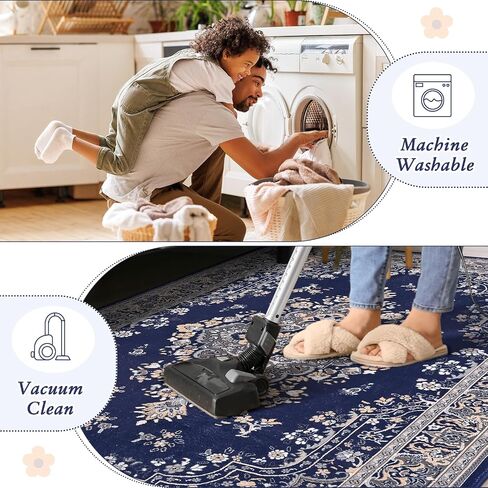 HOMORE 5x7 Area Rugs, Blue Washable Rugs for Living Room, Non Slip Vintage Rug Faux Wool Floral Rug for Bedroom Dining Room, Soft Thin Carpet Rug for Farmhouse Kids Room Dorm Decor in Saudi Arabia