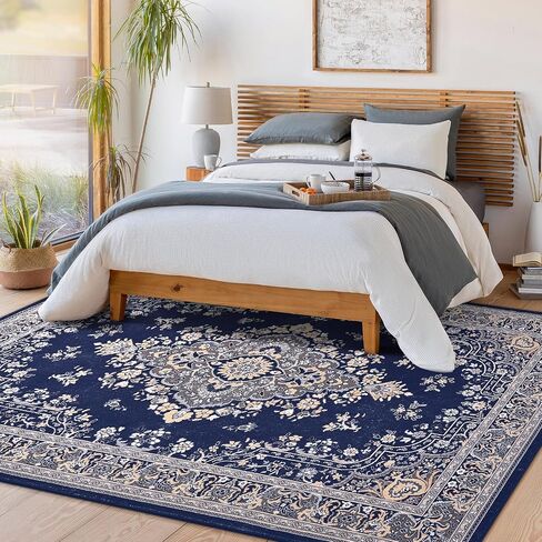 HOMORE 5x7 Area Rugs, Blue Washable Rugs for Living Room, Non Slip Vintage Rug Faux Wool Floral Rug for Bedroom Dining Room, Soft Thin Carpet Rug for Farmhouse Kids Room Dorm Decor in Saudi Arabia
