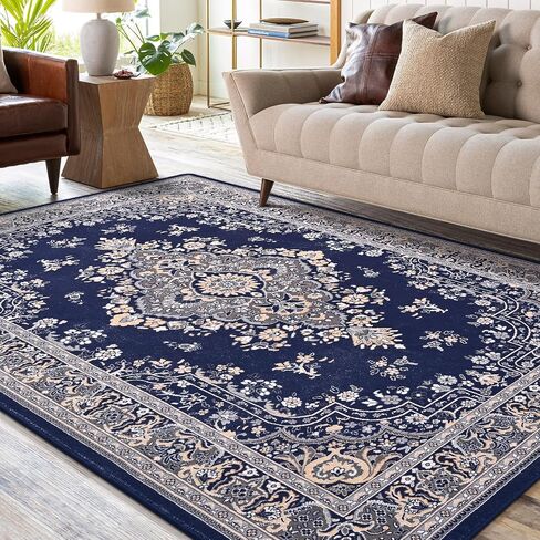 HOMORE 5x7 Area Rugs, Blue Washable Rugs for Living Room, Non Slip Vintage Rug Faux Wool Floral Rug for Bedroom Dining Room, Soft Thin Carpet Rug for Farmhouse Kids Room Dorm Decor in Saudi Arabia