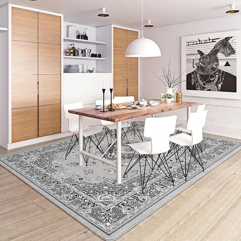 HOMORE 5x7 Area Rugs, Blue Washable Rugs for Living Room, Non Slip Vintage Rug Faux Wool Floral Rug for Bedroom Dining Room, Soft Thin Carpet Rug for Farmhouse Kids Room Dorm Decor in Saudi Arabia