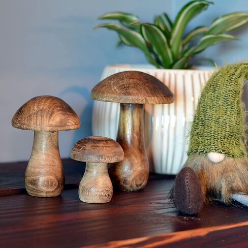 WHW Whole House Worlds Farmers Market Mushrooms، مجموعة من 3، تماثيل زخرفية، فن، خشب المانجو الداكن، 4.75 بوصة in Saudi Arabia