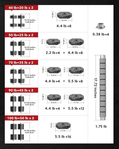 RUNWE Adjustable Dumbbells Barbell Set 40 50 70 90 100 lb, 1" Center Hole Weight Set in Saudi Arabia