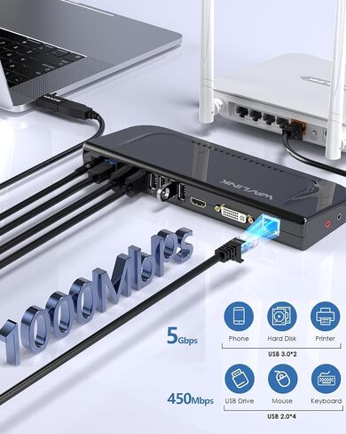 محطة إرساء الكمبيوتر المحمول WAVLINK USB 3.0 وUSB-C مزدوجة 4K، شاشة مزدوجة 5K/Dual 4K @60 هرتز لأجهزة Windows وMac، (2 HDMI و2 DP، جيجابت إيثرنت، 6 USB 3.0، صوت) in Saudi Arabia
