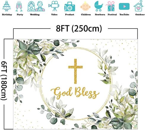 Mocsicka Greenery Baptism Backdrop Green and Gold God Bless Background First Holy Communion Christening Party Cake Table Decoration Banner Photo Booth Props (7x5ft) in Saudi Arabia
