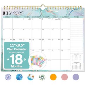Aesthetic Calendar 2025-2026, 18-Month Wall Calendars, July 2025 to December 2026, 11" x 8.5" Monthly Planner Organizers with Stickers, Thick Paper Large Blocks, Twin-Wire Hanging for Fridge, Greenery