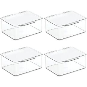 mDesign Small Plastic Home Office Storage Organizer Box Containers w/Hinged Lid for Desktops - Holds Pens, Pencils, Sticky Notes, Highlighters, Staples, Supplies - Lumiere Collection, 4 Pack - Clear