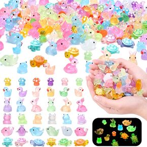 144pcs Luminous Mini Resin Ducks, Dolphin, Turtle, Rabbit, Frog, Mushroom, Resin Animals Glow in The Dark for Dollhouse Garden Decoration (6 Styles)