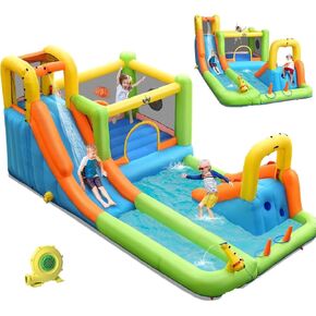 BOUNTECH Inflatable Water Slide, 8-in-1 Dual Slides Kids Water Park Jump Castle, Water Slides Inflatables for Outdoor with Splash Pool, Big Kids Backyard Party Water Slide Bounce House with Blower