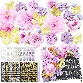 47Pack Graduation Cap Decoration Kit 2025 Include Adjustable Graduation Cap with Tassel DIY Assorted Flower Glitter Rhinestones Alphabet Letter Number 3D Butterfly Sticker For Graduate Student, Blue