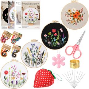 Suncalla 4 Pack Pack Embroidery Kit Beginners ، أنماط تطريز زهرة كروس غرزة مع طوق ، خيوط ، مقص ، مؤشر ترابط ، إبرة الإبرة ، كشوف ، والإبر للخياطة