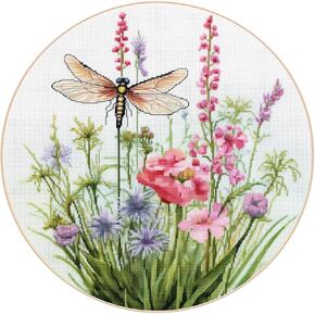 Dragonfly and Wild Flowers Stamped Cross Stitch Kits for Beginners Easy 11CT Needlepoint DIY Embroidery Counted Cross Stitch Kits Art Craft Wall Decoration and Gift 40x40cm(1)