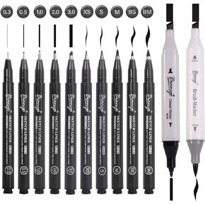 Bianyo Art Drawing Pens Art Supplies - 10 Assorted Art Pens + 2 Black Art Markers, Upgraded Pigment Water-Resistant Archival Ink, Bonus Pouch Bag - Perfect for Artists, Crafters