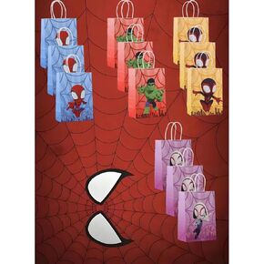 12 PCS of spidey-themed party gift bags. Made of kraft paper and equipped with handles, they are perfect for holding candies, snacks, etc. They are suitable for various festivals and birthday parties.