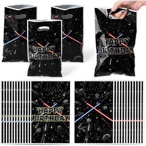 BOpusail Galaxy Movie Star Bag - 50Pcs Black Cartoon Galaxy Party Favor Bag Candy Treat Bags Print Happy Birthday Patterns with Handles Plastic Snack Gifts Bags for Boy Girl Kid Holiday Party Supplies