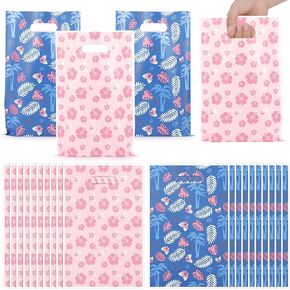 Czlotyh 50 PCS Cartoon Party Gift Bags Tropical Summer Hawaii Style Candy Treat Bag Blue Pink Flower Plastic Goodie Bags with Handles for Boys Girls Birthday Party Favors Baby Shower Supplies