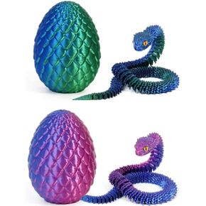 2PCS 3D Printed Snake with Egg, 3D Printed Dragon Egg,Articulated Snake, 3D Printed Toys, Desktop Toy, Executive Desk Decoration, Birthday Gift (Purple+Blue)