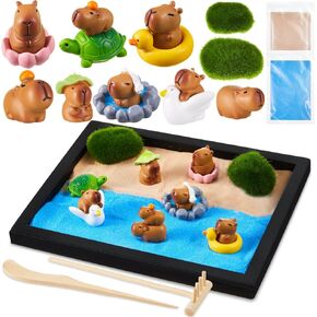 18 Pcs Capybara Zen Garden Kit for Desk Mini Capybara Figures 8.5" x 6.7" Sand Garden Box Decor Set Desk Accessory Gift for Home Office Micro Landscape Decor