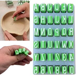 طوابع الطين - الأبجدية ، الأرقام والرموز DIY يدويًا إكسسوارات قوالب الأبجدية لتزيين السيراميك - 36 قطعة طوابع للطين مع صندوق التخزين - الأخضر (أحرف صغيرة من البلاستيك)
