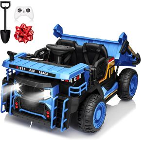 24V Ride On Dump Truck, 2X200W Powerful Motors, 20" Spacious Two Seater Ride On Car w/Electric Dump Bed and Extra Shovel, Up to 4.9Mph, 110LBS Max, Ride on Construction Vehicle for Kids-Blue