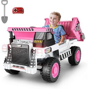 Hikole Ride on Dump Truck for Kids, 12V 4WD Ride on Car with Remote Control, Electric Dump Bed and Extra Shovel, Music Player, Led Light, Ride on Toys for Kids 4-8, Orange