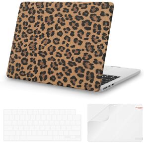 iCasso Compatible with MacBook Air 13 inch Case 2025 2024-2022 M4 A3240 M3 A3113 M2 A2681, Texture Leopard Leather Hard Shell Protective Case+Keyboard Cover for MacBook Air 13.6 inch, Brown