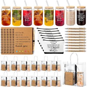 60 Pcs/12 Sets Employee Appreciation Gifts Bulk Glass Cup Notebook with Sticky Notes, Pen, Cosmetic Bag and Handbag Thank You Gifts for Father's Day Volunteer Teacher Nurse