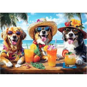 100 Piece Puzzles for Kids Ages 6-8, Dogs Summer Sips Jigsaw Puzzle, Educational Puzzle for Kids & Adults, 100 Piece Puzzles for Adults Large Piece for Seniors 15x11 in