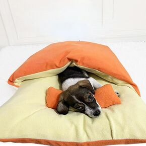 Cat Puppy Plush Bed Sleep Bag with Thick Blanket & Pillow Bright Orange Winter Warm Zipper Design Easy Washing Multiple Sizes Soft Cozy Pet Accessories (Orange,Medium)