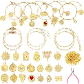 Landical 47 Pcs Gold Bangle Bracelet Making Kit Gold DIY Jewelry Making Kit Expandable Bracelets Charm Pendants Jump Rings Jewelry Plier Art Craft Gift for Women Crafts Beginner