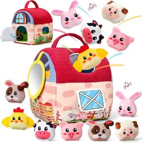 Baby Toys 6-12 Months, Surprise Barn With 12 PCS Stuffed Farm Animals, Mirror, Montessori Sensory Developmental Learning Toys For 6-12 Months, Ideals 6 7 8 9 Month Old Baby Boy Girl Gifts Toy