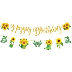 Sunflower Birthday Party Decorations- 2Pcs Rustic Sunflower Bunting Banner with Glitter Butterfly Sun Flower Happy Birthday Banner for Wedding Engagement Bridal Baby Shower Anniversary Graduation Party Supplies