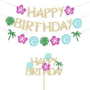 Hawaiian Moana Birthday Banner Party Decoration Glittery Gold Cake Topper for Happy Birthday Tropical Luau Summer Baby Shower Decor