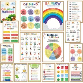 Projektora 16 Calm Corner Poster for Classroom, (Size A4 8.3x11.7 inches) Calming Corner Posters with Coping Skills, Feelings Wheel Chart, Emotions Wall Decor, Calmdown Kit (No Frame)