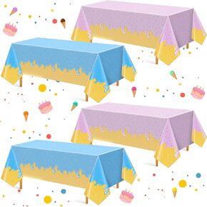 Oudain Ice Cream Party Decorations, 4 Pack Ice Cream Table Cloth 54" x 108" Disposable Plastic Rectangle Table Covers for Birthday Decorations, Sweet One Party, Indoor & Outdoor Use(Blue,Purple)