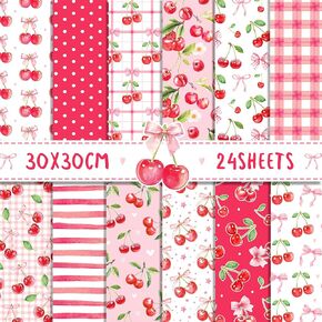 24 Sheets Cherry Pattern Pad 11.8'' x 11.8'' Cherry Scrapbook Paper Pad Green Leaves and Sweet Cherries Bow Patterned Double-Sided Cardstock Paper Pack for Background DIY Card Making Origami