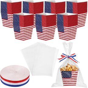 24 PCS 4 يوليو علبة الصناديق مع أكياس الهدايا وصناديق الهدايا الوطنية الشريطية الأحمر الأزرق الأزرق العلم جيدا