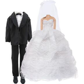 Wedding Outfit Set Including 1 White Wedding Dress with Veil 1 Formal Business Suit 2 Shoes,Bride Gown Groom Clothes Suit for 11.5 inch Girl & Boy Dolls (NO Doll)