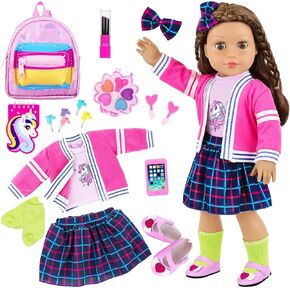 K.T. Fancy 18 Inch Doll British Style Fashion Set 14 PCS Clothes & Accessory Collection with School Bag, Unicorn Stationery,Makeup Tools for 18" Dolls