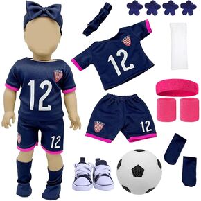 18 Inch Doll Clothes and Accessories Girl 13 PCS Team USA Soccer Uniform Clothing with Short Sleeves Shorts Headband Socks Footballs Shoes Hair Clips Sleeves for 18 inch Doll Children's Day Present