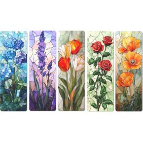 TwoDays 5Pcs Stained Glass Art Flower Bookmark - Transparent PVC Bookmark for Reading Women, Floral Bookish Gifts for Book Lovers Booktok, Cute Book Accessories (6'' X 2'')