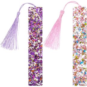 2 Pcs Bookmarks for Girls, Glitter Resin Bookmarks Transparent Kids Art Bookmark with Colorful Silk Tassels for Women Girls Book Lovers Reading Presents