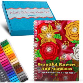 Argo Now Adult Coloring Book Spiral Bound - 40 Single Sided Drawings of Beautiful Flowers & Mandalas, with 36 Fiber Markers. A Perfect Stress Relief Coloring Book and Relaxation Gifts for Women.