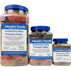 Aquatic Foods Inc. Premium Cichlid GRO Ultra 6-Type Flake Mix with Krill, Shrimp, Plankton, Spirulina for Central & South American Cichlids, Also Pellet & Wafer Mix Included, 2oz