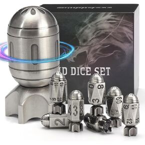 Missile Metal DND Dice Set of 7 with Spinning Missile Shaped Container, Unique Cool Bullet D and D Dice for Dungeons and Dragons (Sliver)