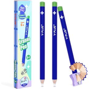 YPLUS Eraser for Kids, 3 Pcs Pen Style Erasers with Sharpener,Sharpenable Eraser Stick,School Art Supplies for Kids Artist,Blue