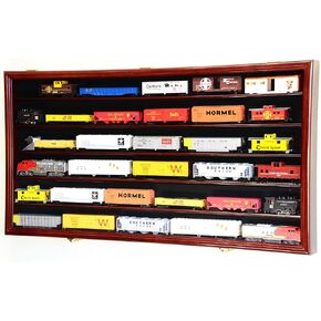 HO Scale Model Train Display Case Cabinet Wall Rack w/98% UV Protection- Lockable -Walnut