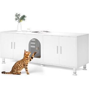 Double Litter Box Enclosure, Litter Box Enclosure for 2 Litter Boxes, Modern Litter Box Furniture for 2 Cats, with Cat Door & Motion Light (Black)